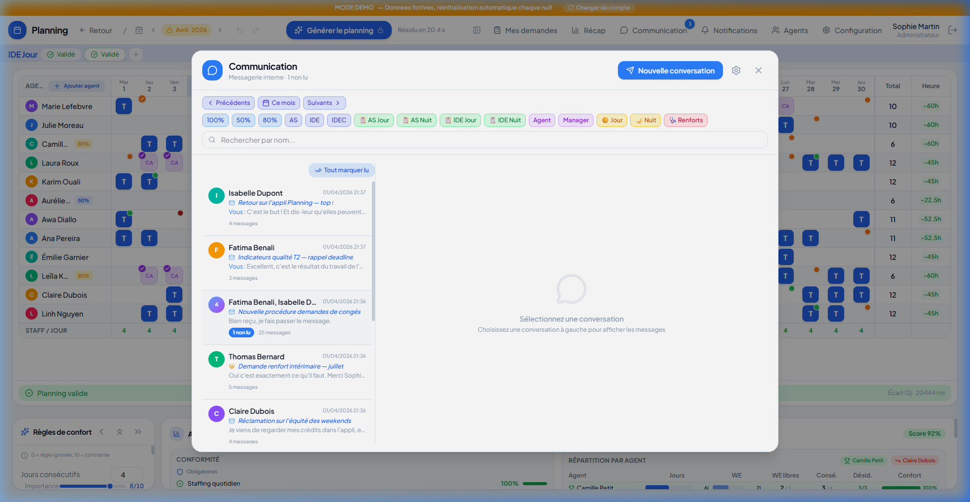 Communication modal with filters and list of internal conversations
