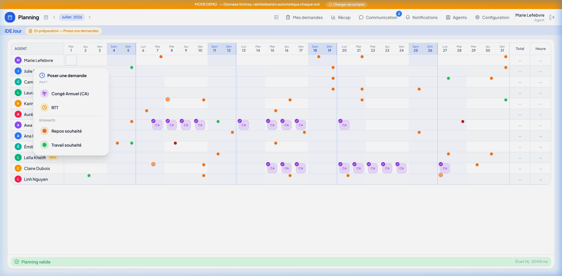 Agent popover for requesting annual leave or an RTT day off in one click