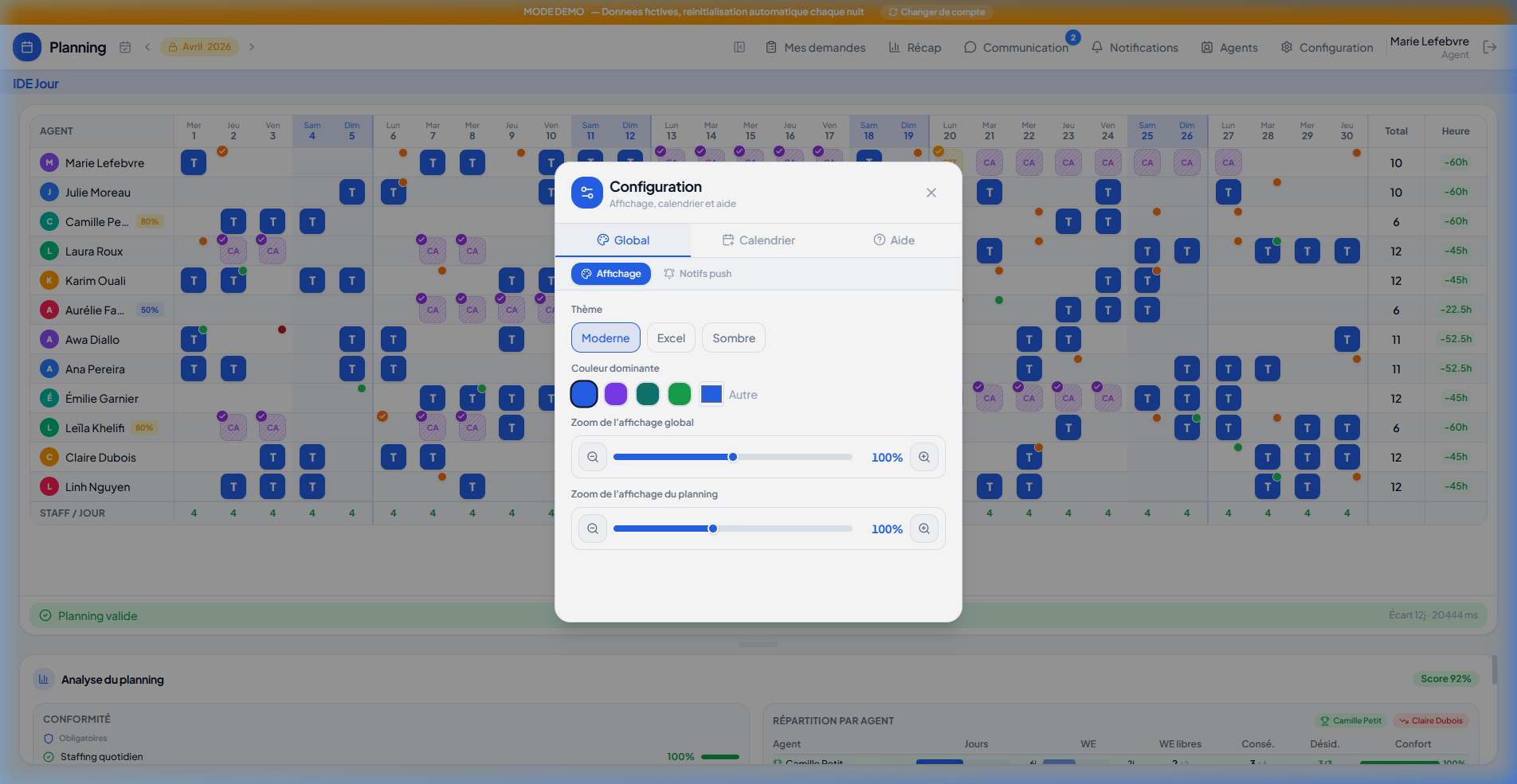 Theme and zoom configuration modal for the schedule display